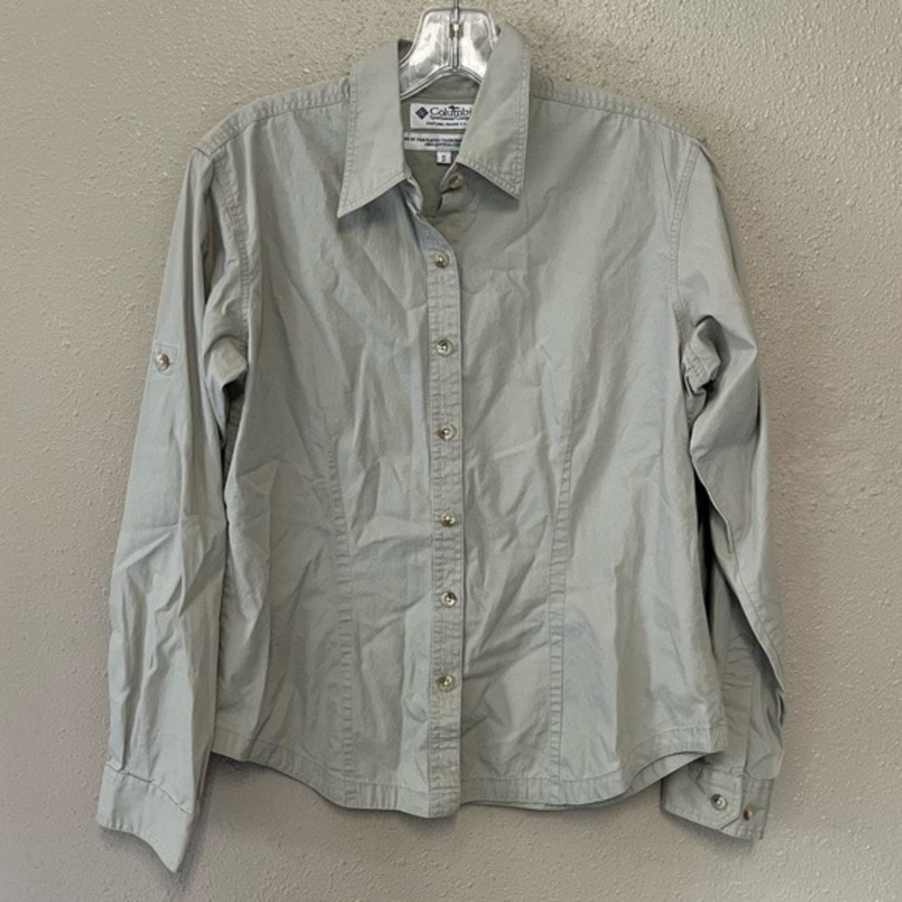 Columbia beige button down shirt with roll tab sleeves GUC size small